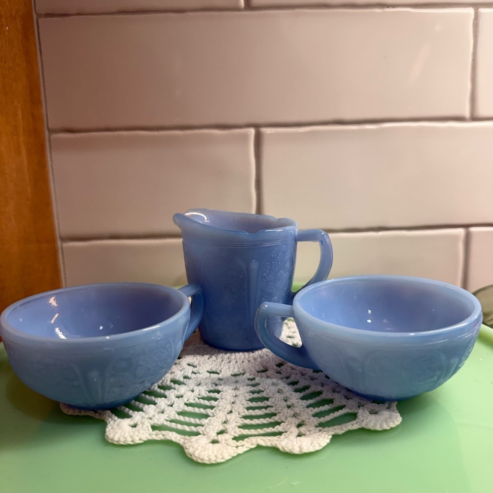 Vintage Blue delphite Glass childs Tea Set cups and creamer